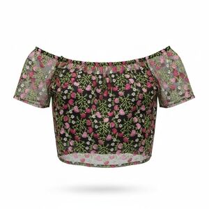 Love T Floral Off-Shoulder Crop Top - Black and Pink